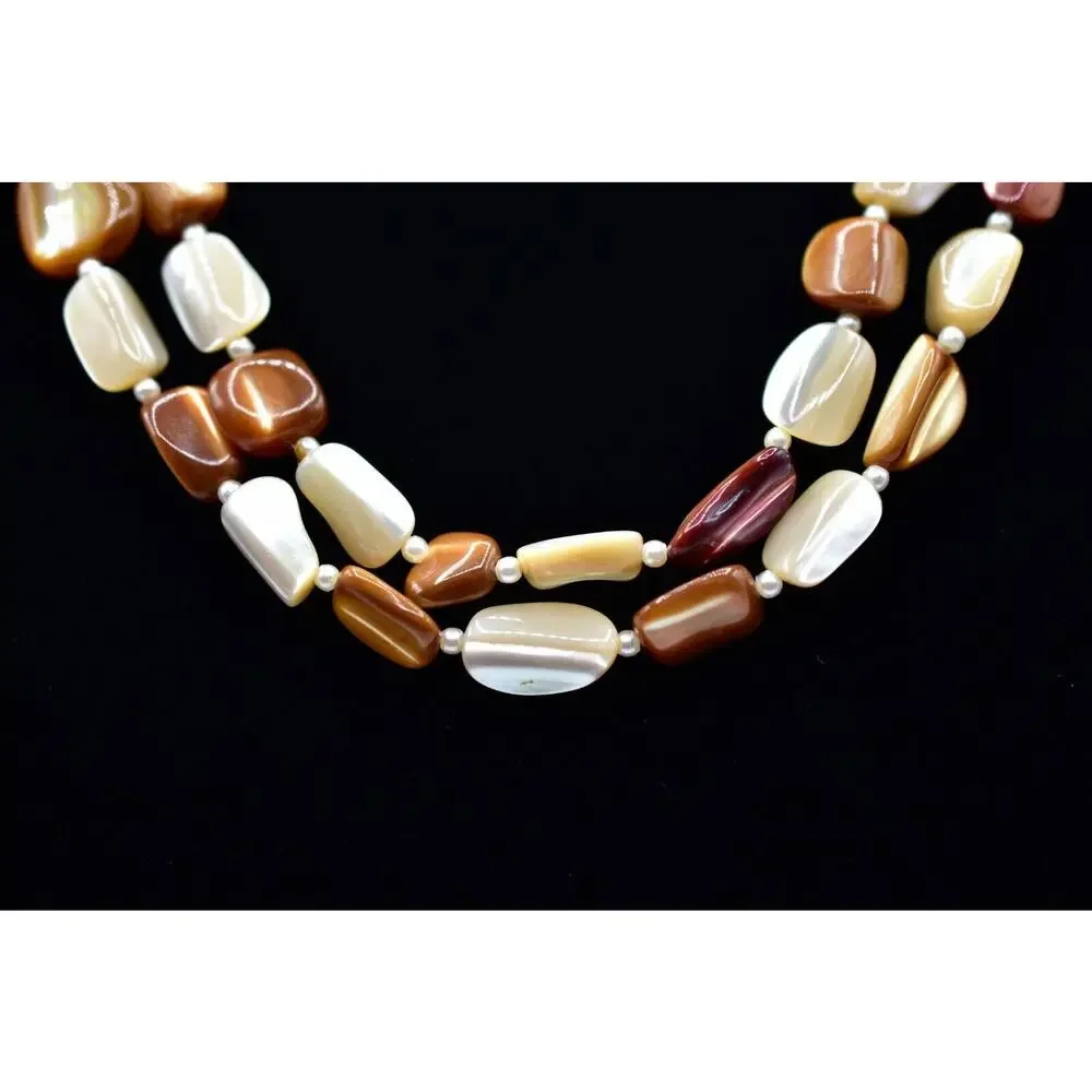 Vintage Necklace Long Stone Beaded Neutral Beige Brown White 48
